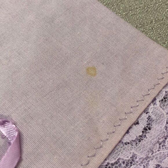 Vintage 1960s Handmade Ladies Lacy Handkerchief in Lavender w/Ribbon & Beads - Picture 4 of 9